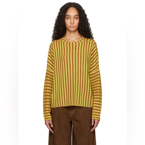 ECKHAUS LATTA Yellow Brown Stripe 100% Merino Wool Knit Crochet Keyboard Sweater - Picture 11 of 15